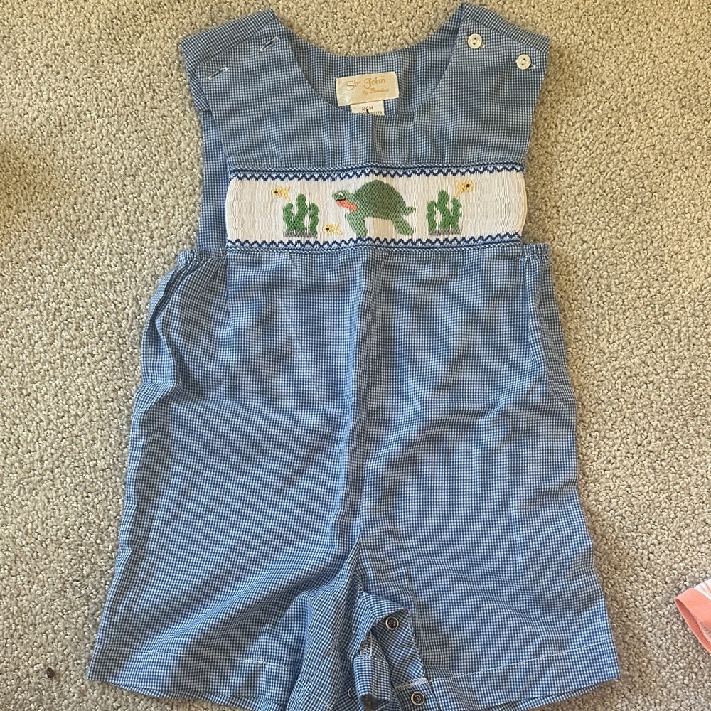 Charming Blue Checkered Dinosaur Romper; Sir John